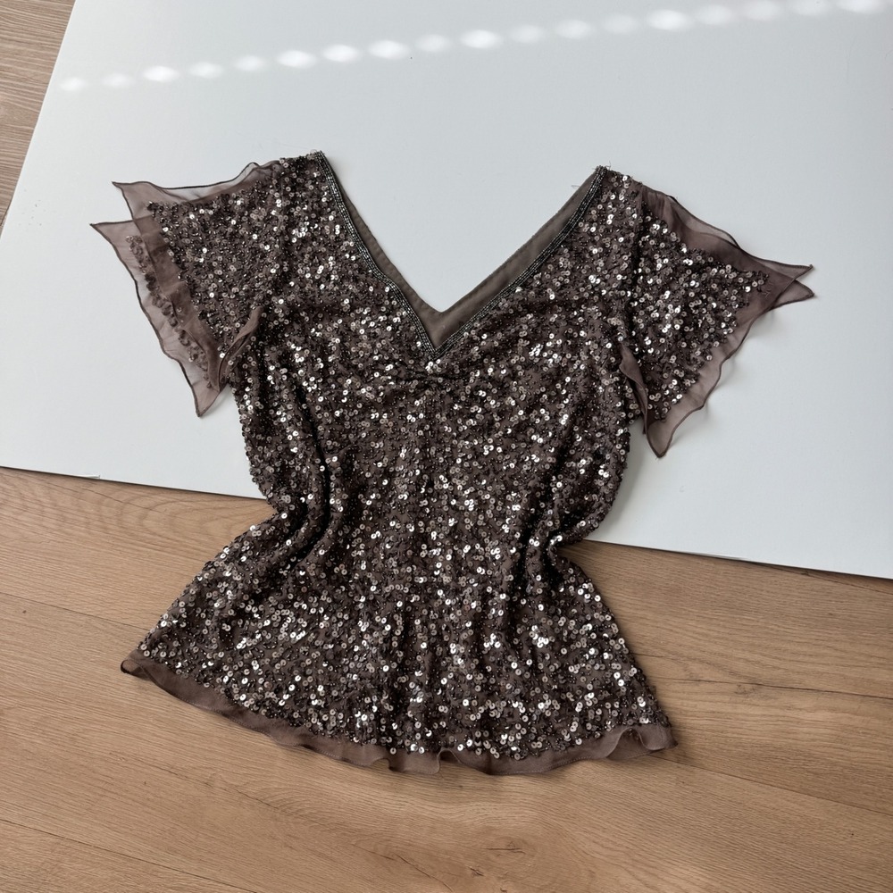 Adrianna Papell Evening Silk Beaded Sequin Top Brown Flutter Sleeve Y2K Large